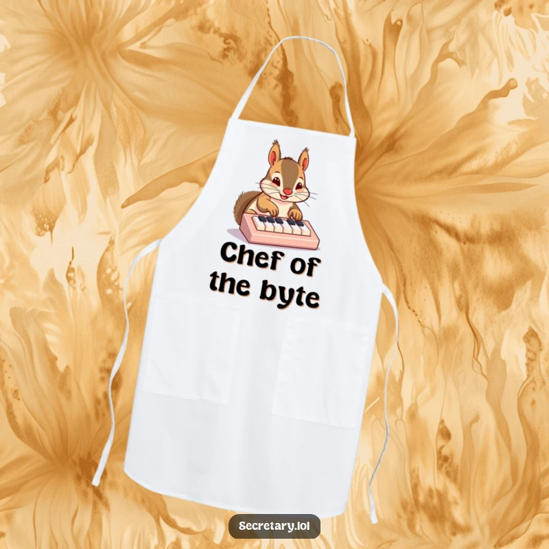 Funny squirrel apron showing a cheerful squirrel nose-typing on a tiny keyboard, amusing kitchen wear.