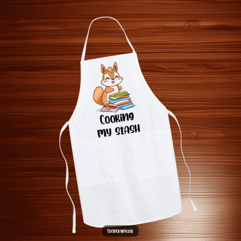 Funny squirrel energetically organizing papers with a bouncy attitude, on an apron, suitable for an organized cook.