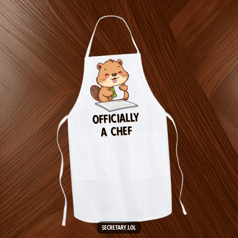 Funny beaver stamping a form with a pleased look, on an apron, suitable for a diligent and happy cook.