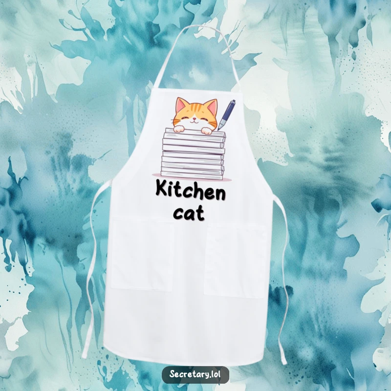 Funny curious cat behind papers, bats at a pen, ideal for aprons, kitchen humor.