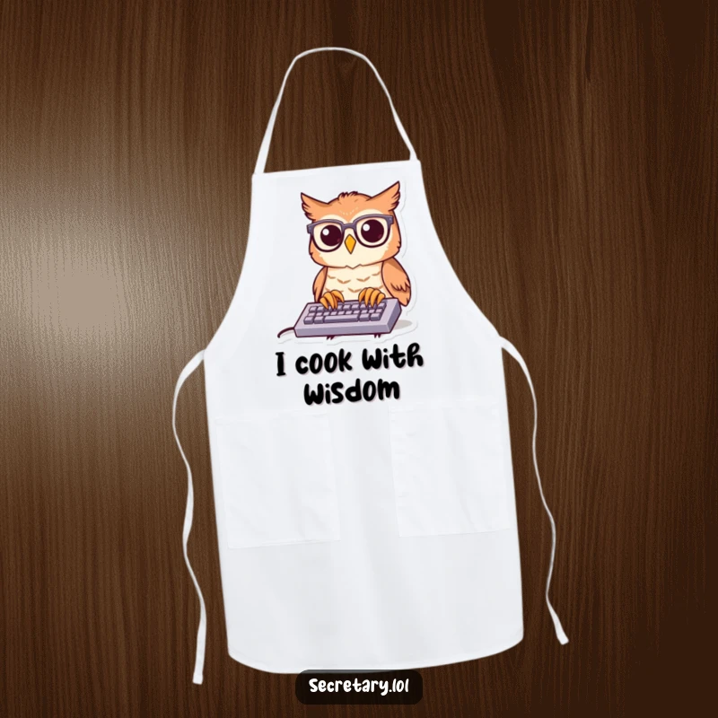 Funny owl with spectacles and a keyboard on an apron, suggesting a smart and humorous cook preparing meals.