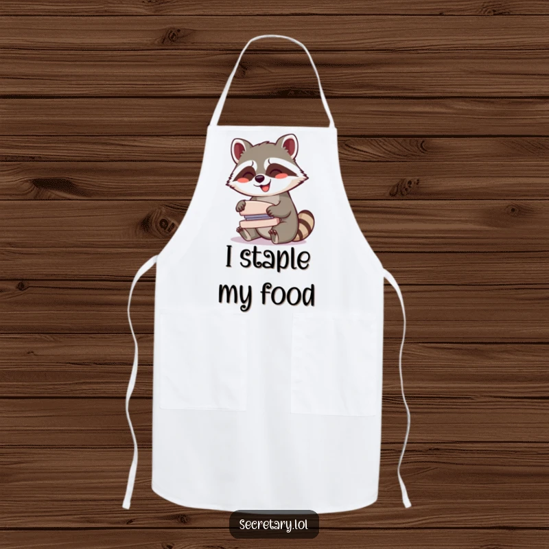 Funny giggling raccoon operating a stapler with glee, on an apron, suitable for a playful and organized cook.