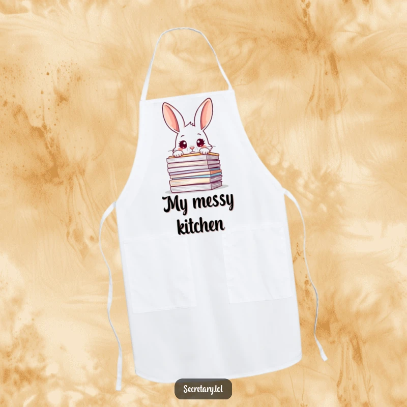Funny rabbit peeking over files with wide eyes, on an apron, suggesting a charmingly overwhelmed cook.