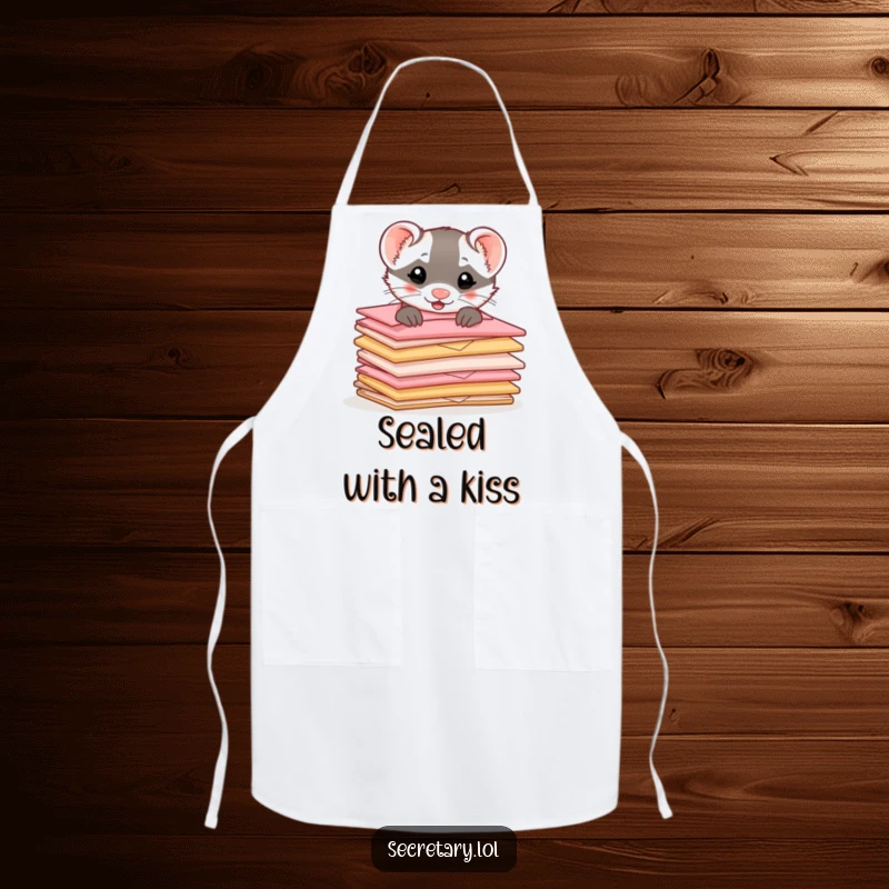 Funny ferret peeking from behind a stack of tiny, cute envelopes on a kitchen apron, ideal for chefs and bakers.