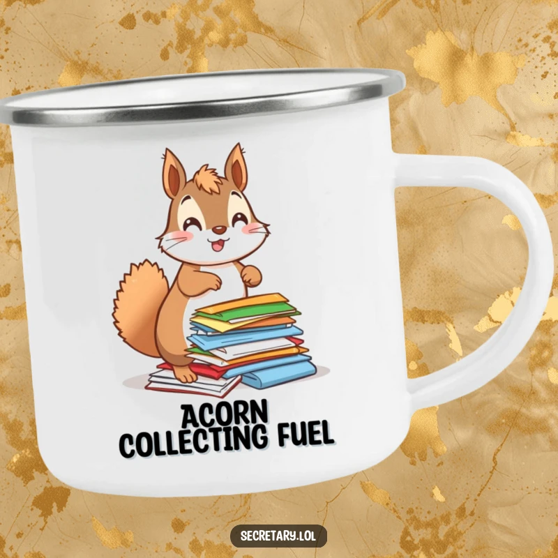 Funny squirrel energetically organizing papers with a bouncy posture, on a camping mug for humorous outdoor use.