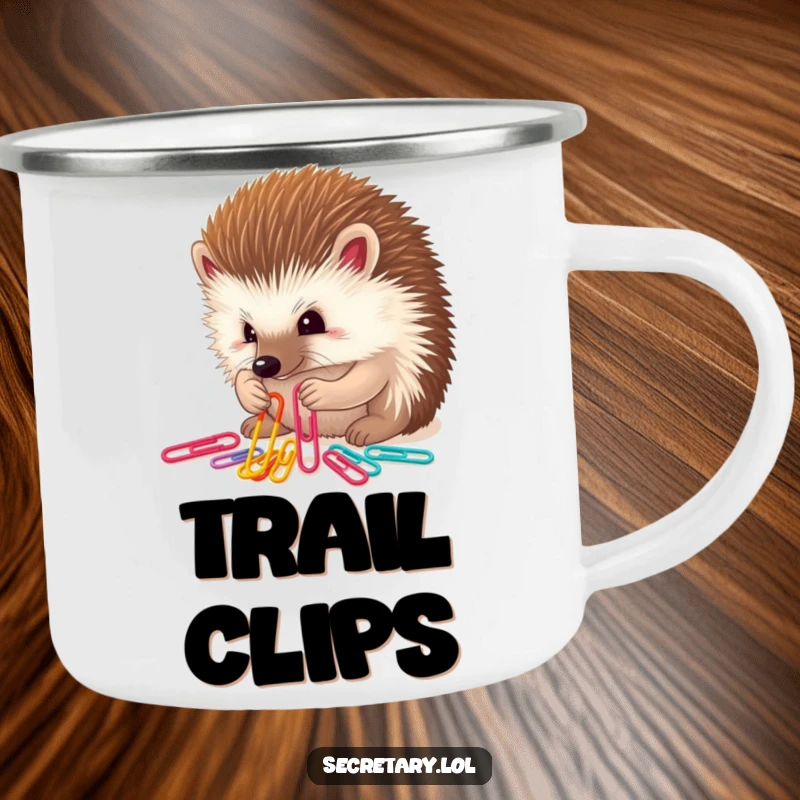 Funny determined hedgehog sorting colorful paper clips with tiny paws, ideal for camping mugs.