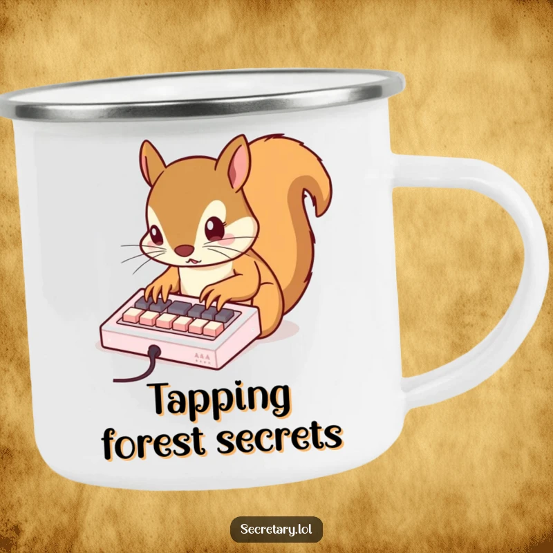 Funny squirrel tapping rapidly on a miniature keyboard with tiny claws, perfect for outdoor brews and a humorous tech vibe.