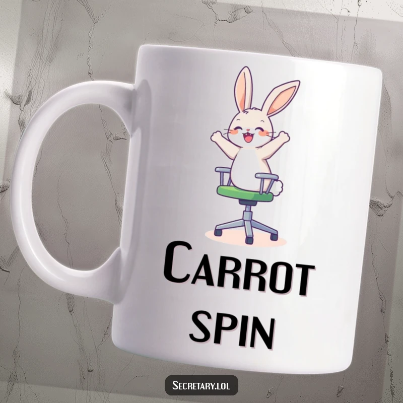 Funny happy bunny on a spinning office chair, looking dizzy and delighted, perfect for a mug gift.