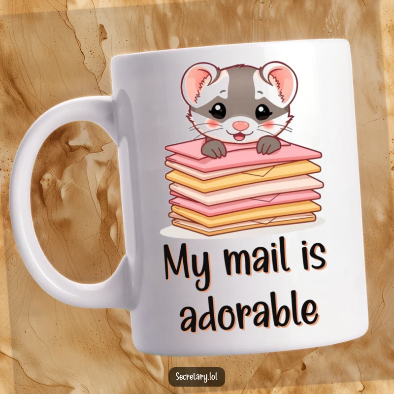Funny ferret peeking playfully from behind a tall stack of miniature, cute envelopes, conveying mischief and charm on a mug.