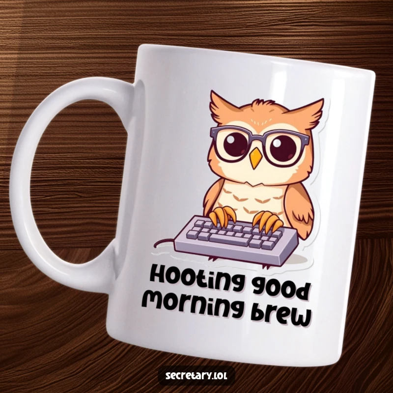 Funny owl with spectacles typing on a tiny keyboard, looking smart and busy, perfect for book lovers.