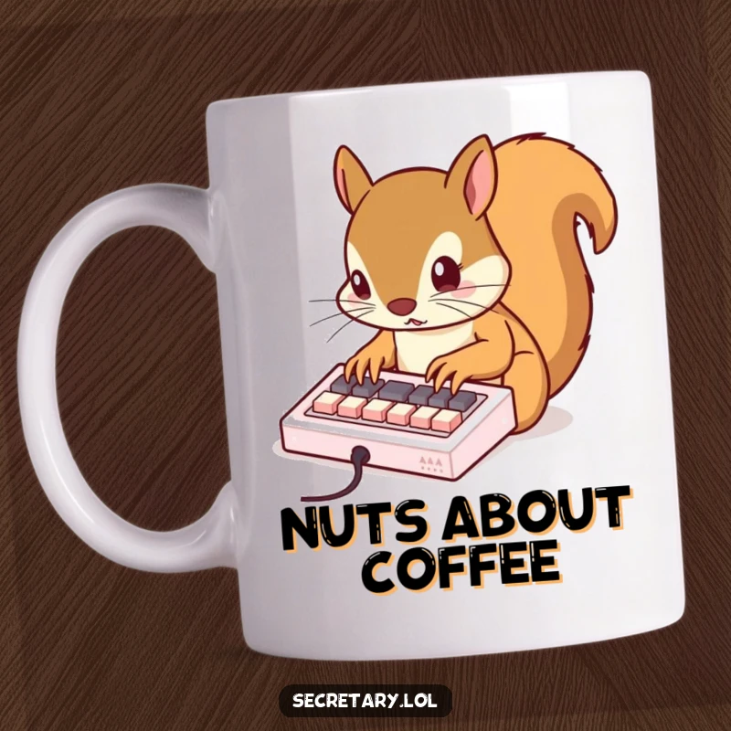 Funny busy squirrel rapidly tapping on a miniature keyboard with tiny claws, showcasing intense focus and humor.