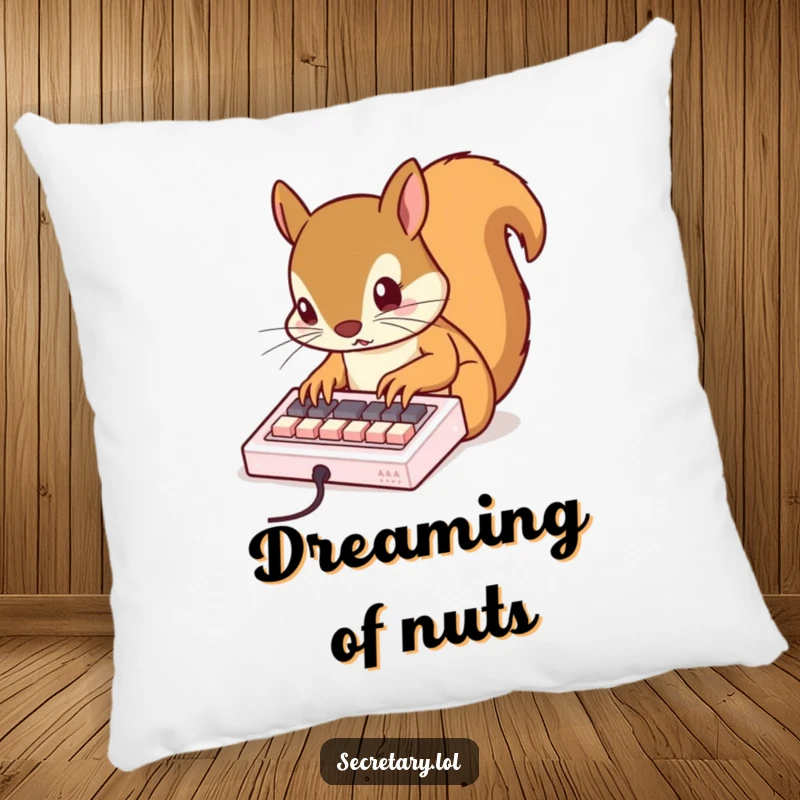 Funny busy squirrel tapping rapidly on a miniature keyboard with tiny claws, offering cozy comfort and a humorous tech vibe.