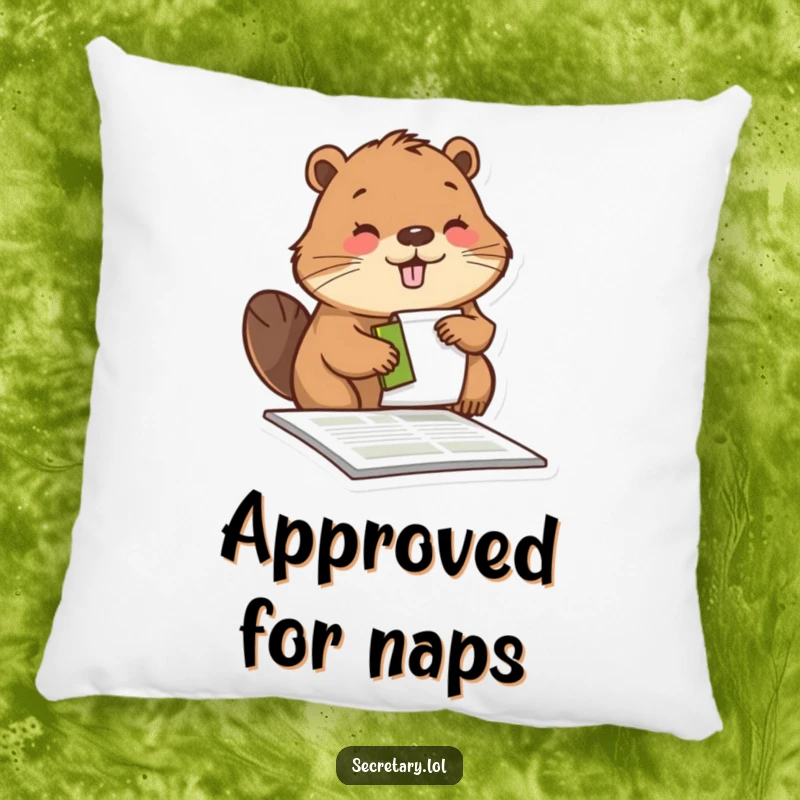 Funny beaver stamping a document with a happy expression, featured on a pillow for comfortable, humorous decor.