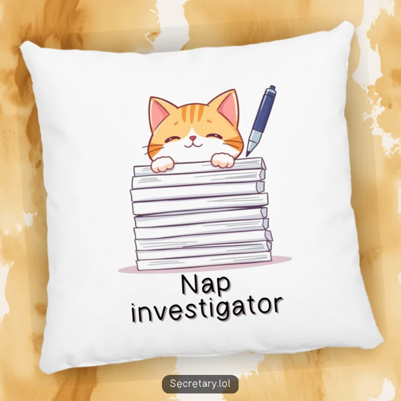 Funny curious cat peeking from papers, batting a pen, soft pillow design, cute and funny.