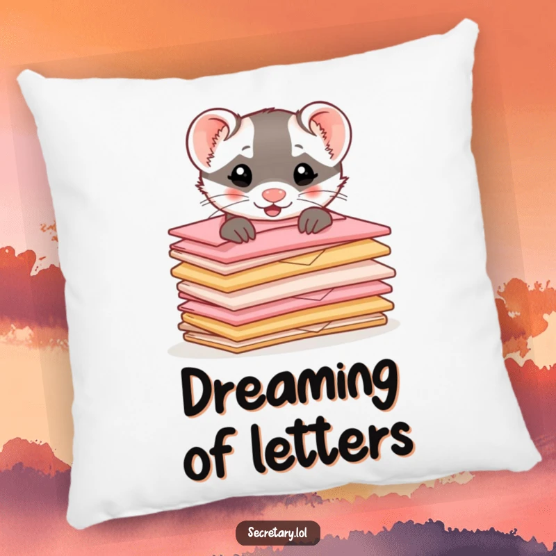 Funny ferret peeking from behind a stack of miniature, cute envelopes, depicted on a soft, decorative pillow for comfort.
