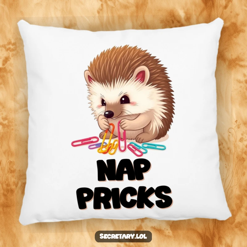 Funny determined hedgehog sorting colorful paper clips with tiny paws, soft pillow design.