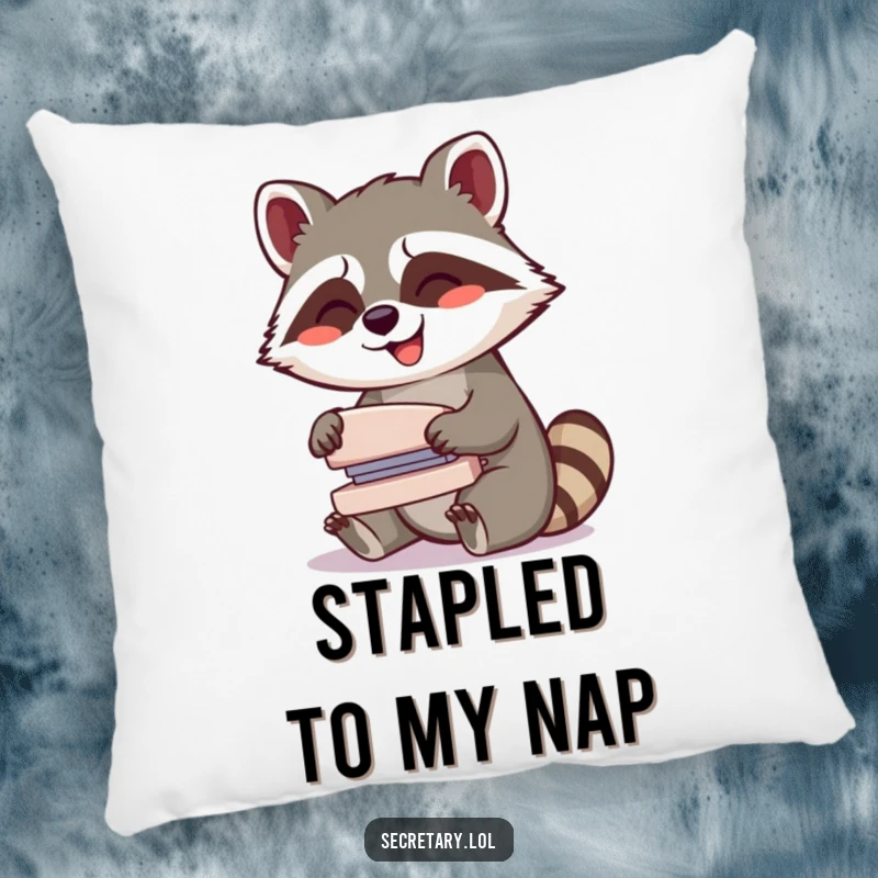 Funny giggling raccoon operating a whirring stapler with glee, on a pillow for humorous comfort.
