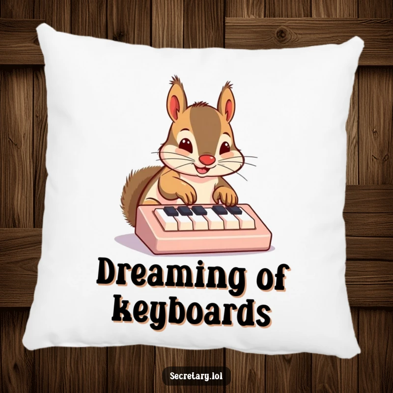 Funny squirrel pillow featuring a cute squirrel nose-typing on a small keyboard, soft and humorous decor.