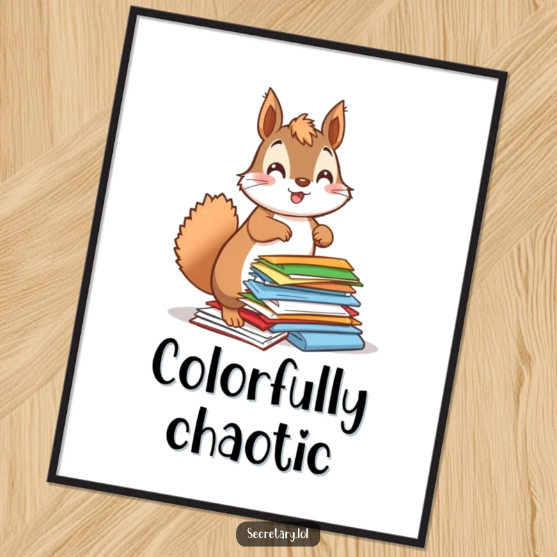 Funny squirrel enthusiastically organizing colorful papers with a bouncy posture, offered as a digital art print for instant humorous decor.