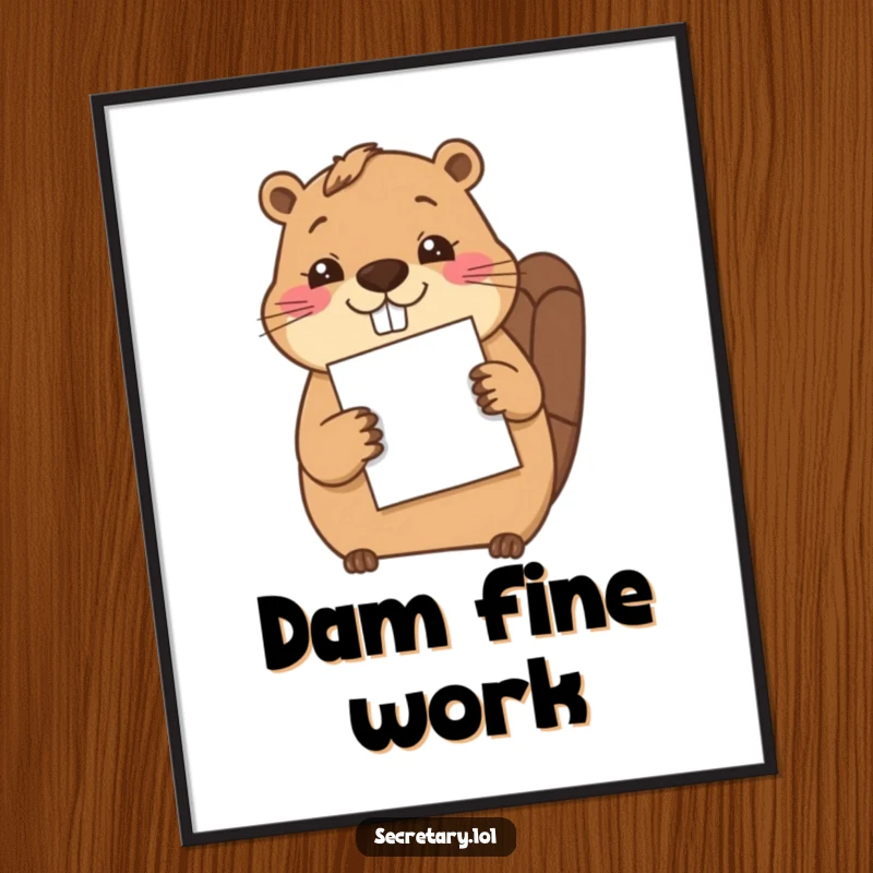 Funny cheerful beaver carefully filing a single sheet of paper with its paw, available as a downloadable art print.