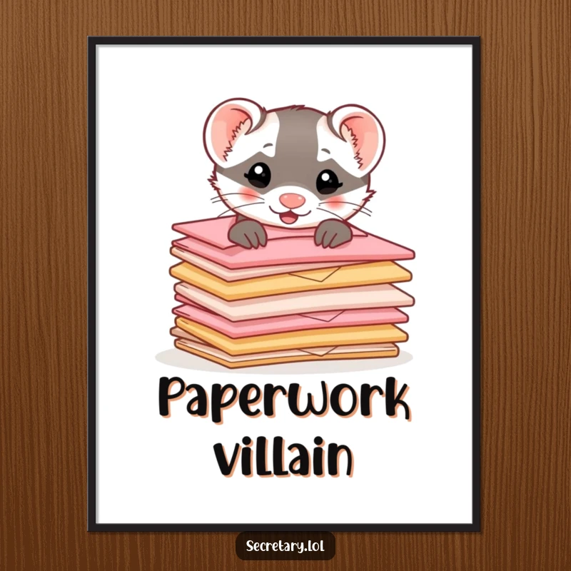 Funny ferret peeking from behind a stack of tiny, cute envelopes, offered as a downloadable digital art print for instant decor.