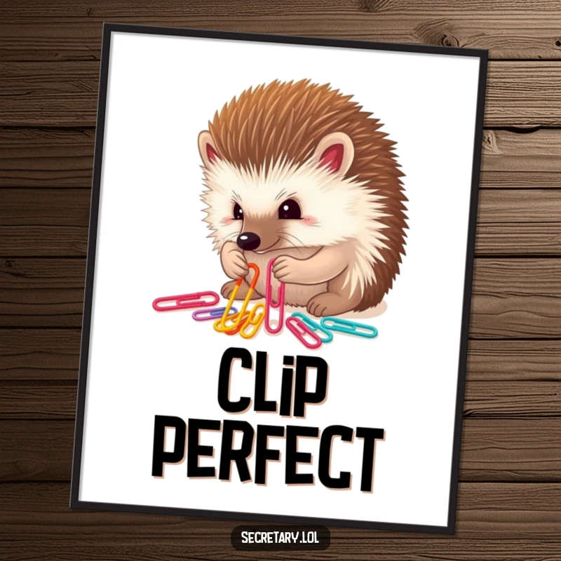 Funny determined hedgehog sorting colorful paper clips with tiny paws, digital art for printing.
