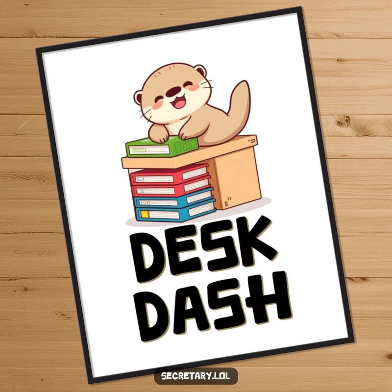Funny otter giggling while sliding down a desk on files, digital art for printing, playful decor.