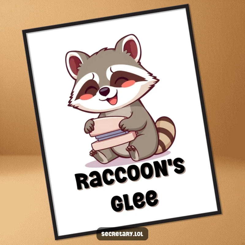 Funny giggling raccoon operating a small whirring stapler with glee, offered as a digital art print for instant humorous decor.