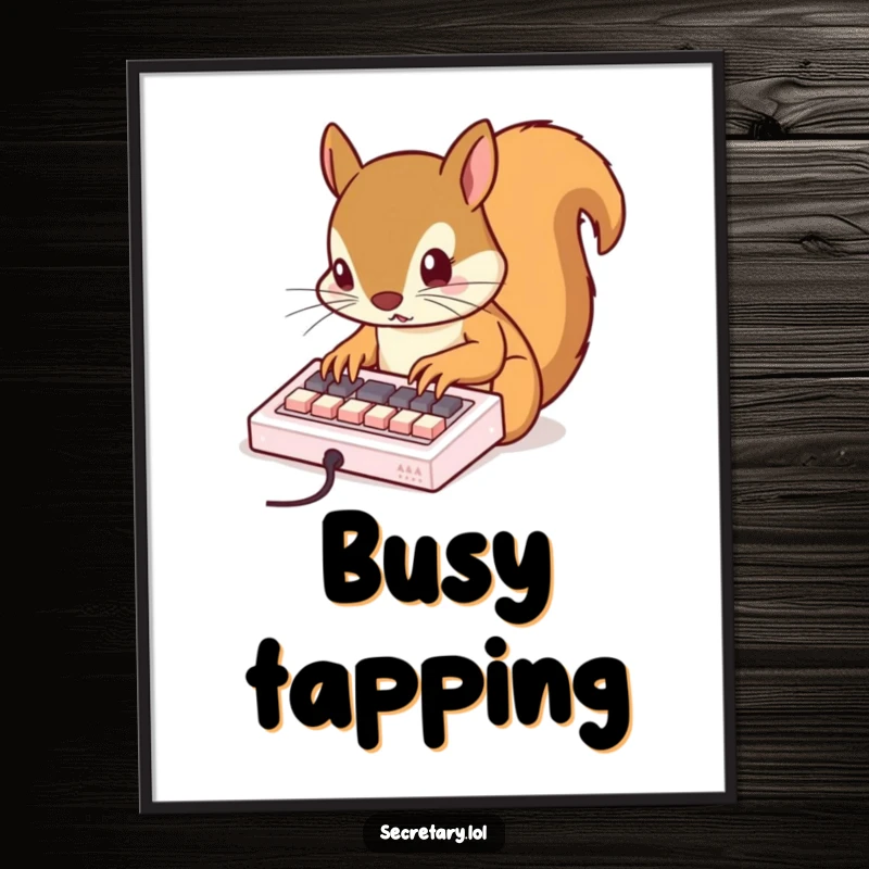 Funny busy squirrel rapidly tapping on a miniature keyboard with tiny claws, available as a downloadable art print.