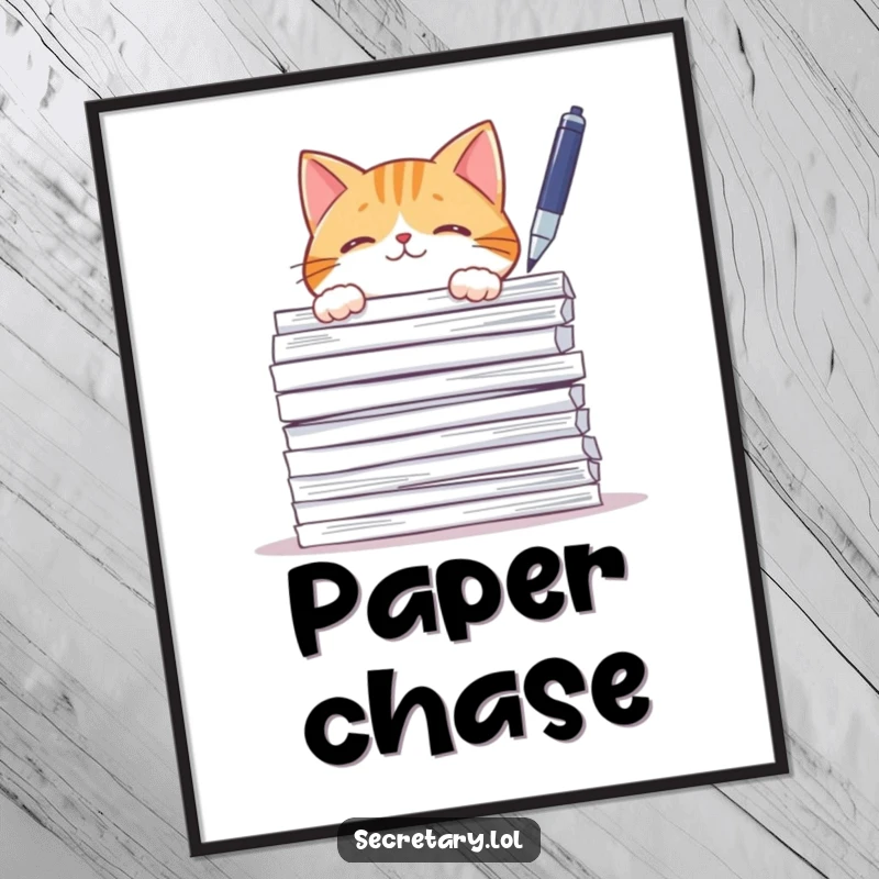 Funny curious cat behind papers, batting a pen, digital art for printing, playful decor.