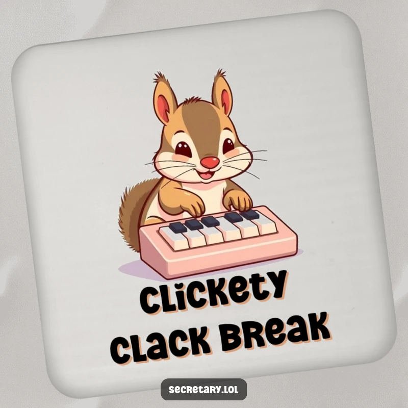 Funny squirrel coaster showing a cheerful squirrel nose-typing on a miniature keyboard, protecting surfaces with humor.