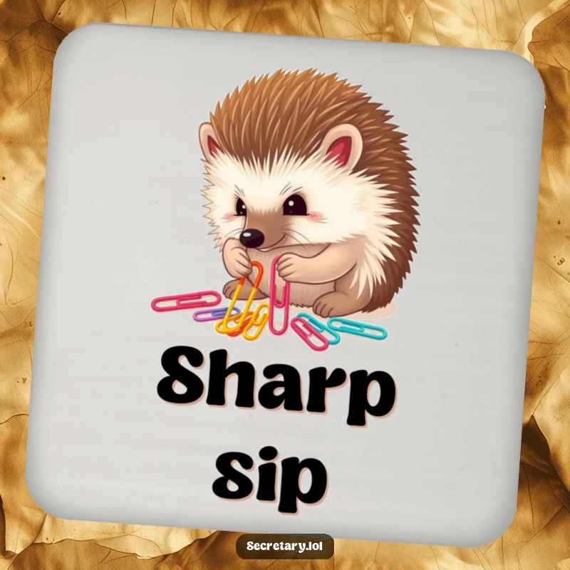 Funny determined hedgehog sorting colorful paper clips with tiny paws, perfect for drink coasters.