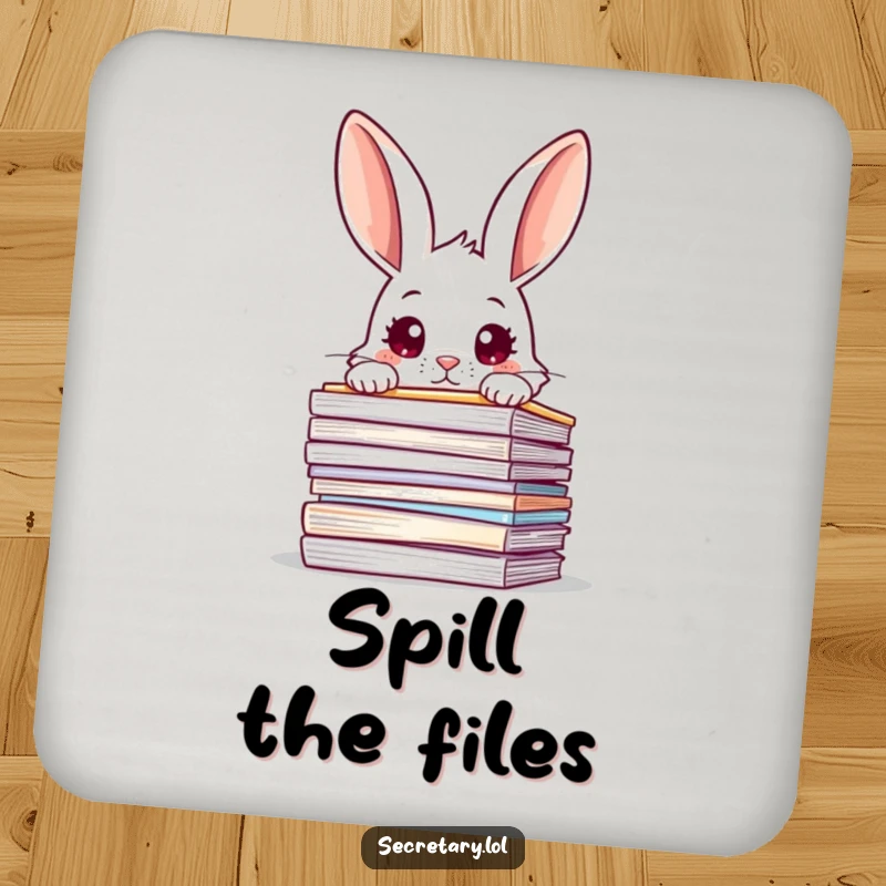 Funny rabbit peeking over files with wide eyes, on drink coasters for humorous surface protection.