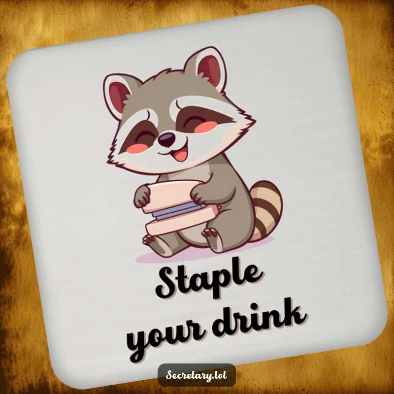 Funny giggling raccoon operating a stapler with glee, on drink coasters for humorous surface protection.