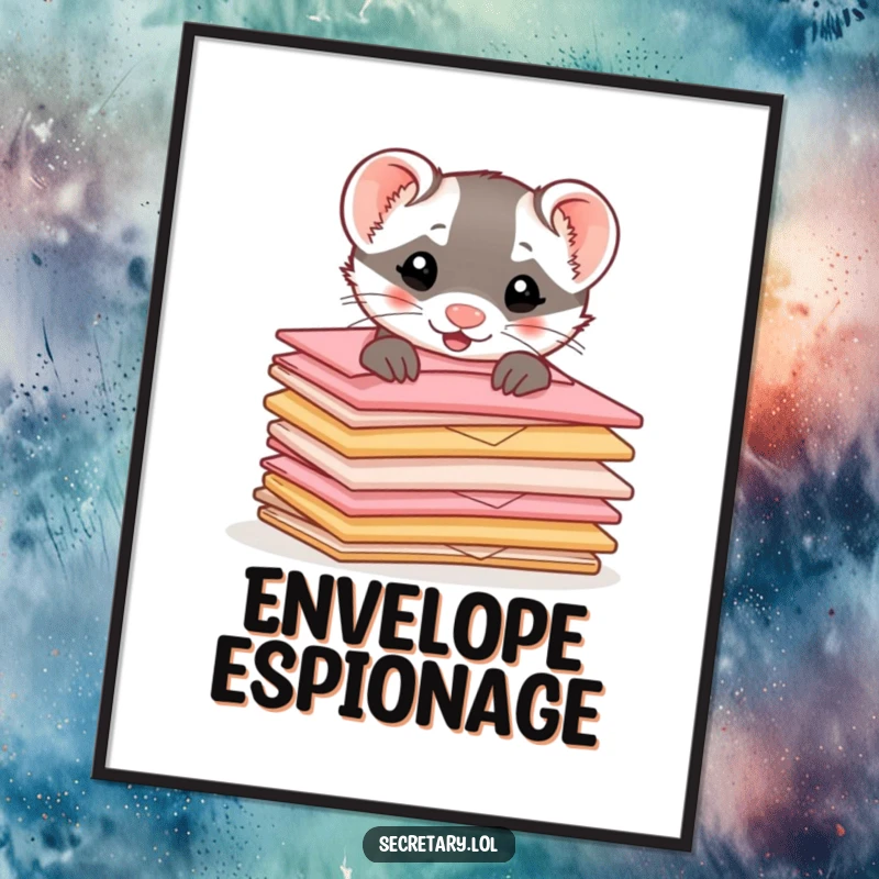 Funny ferret peeking from behind a stack of tiny, cute envelopes, rendered as a delightful art print for wall decoration.