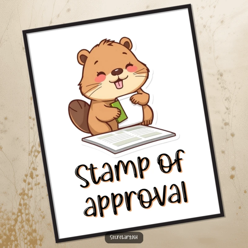 Funny beaver diligently stamping a form with a pleased expression, presented as a poster for humorous office decor.