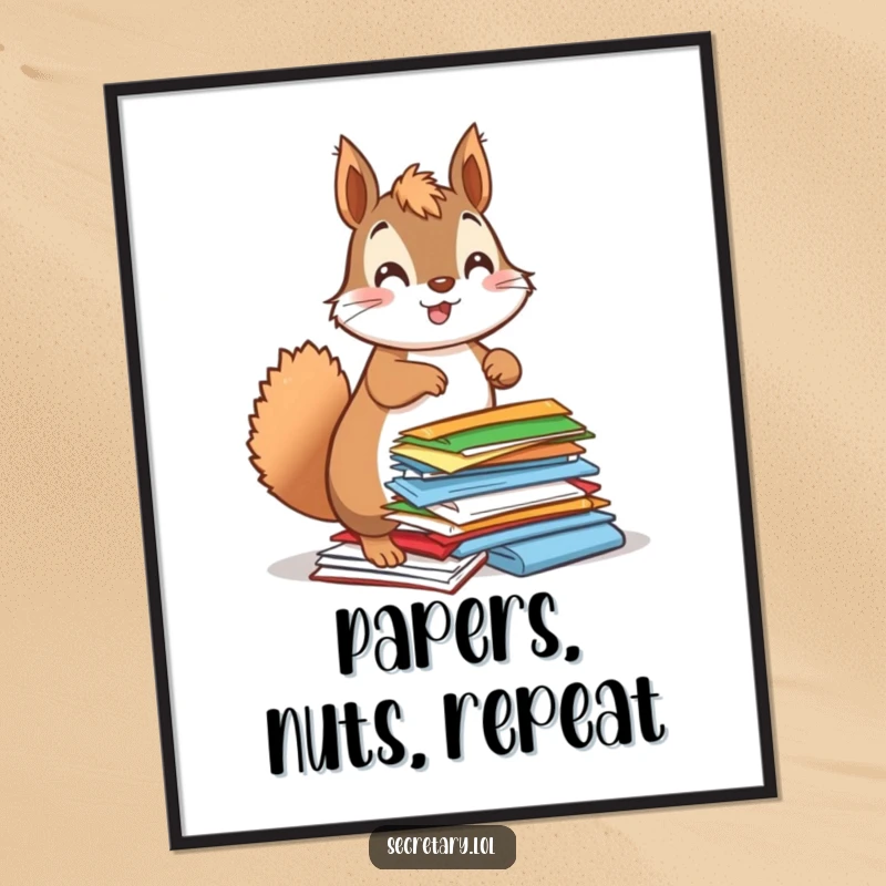 Funny squirrel enthusiastically organizing a pile of colorful papers with a bouncy demeanor, featured on a poster.