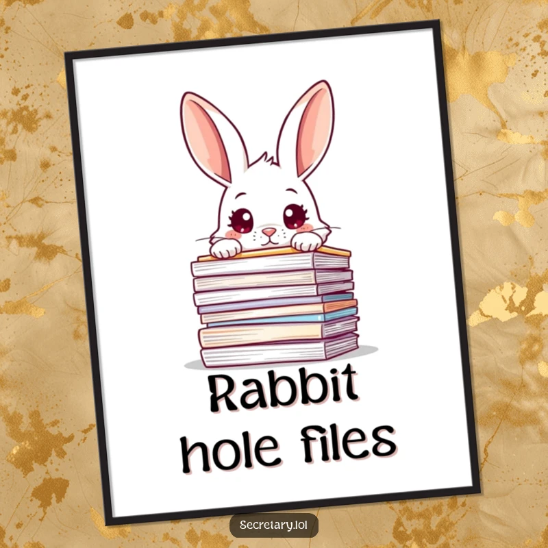 Funny rabbit peeking over a massive stack of overloaded files with wide, curious eyes, featured on a poster.