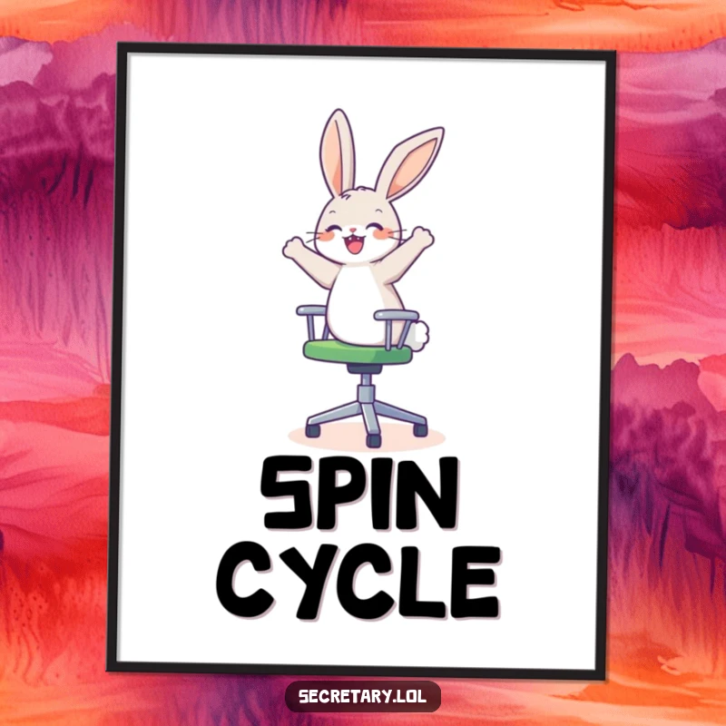 Funny happy bunny on a spinning office chair, looking dizzy and delighted, perfect for wall art.