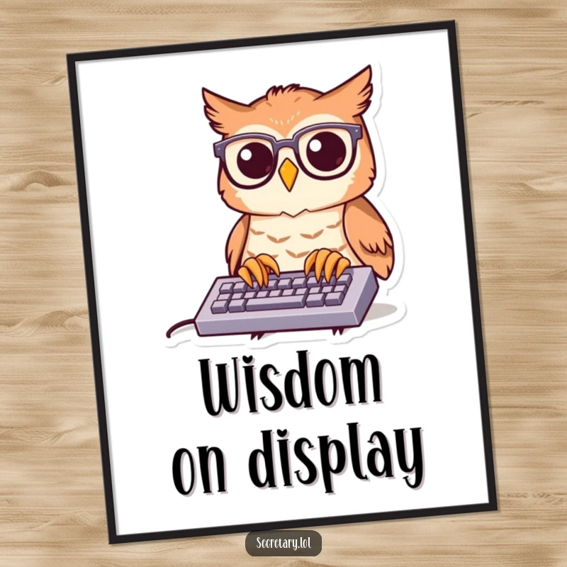 Funny owl with spectacles and a keyboard, depicted on a poster, conveying intelligence and humor for wall decoration.
