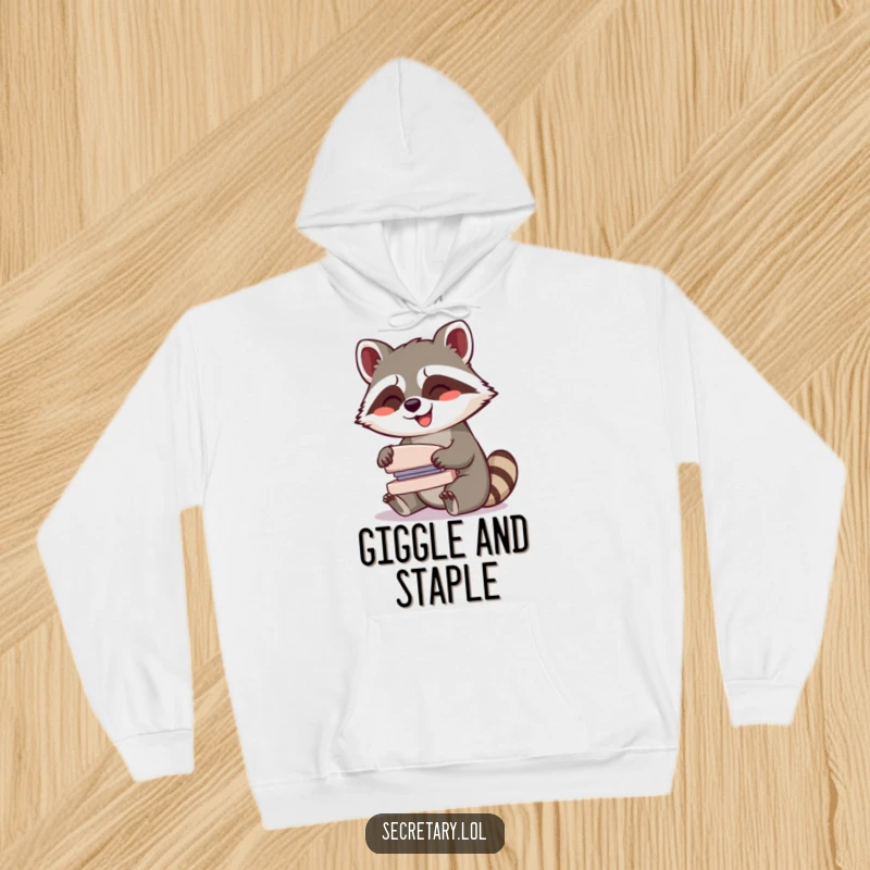 Funny giggling raccoon operating a small, whirring stapler with glee, depicted on a hoodie for cozy, mischievous wear.
