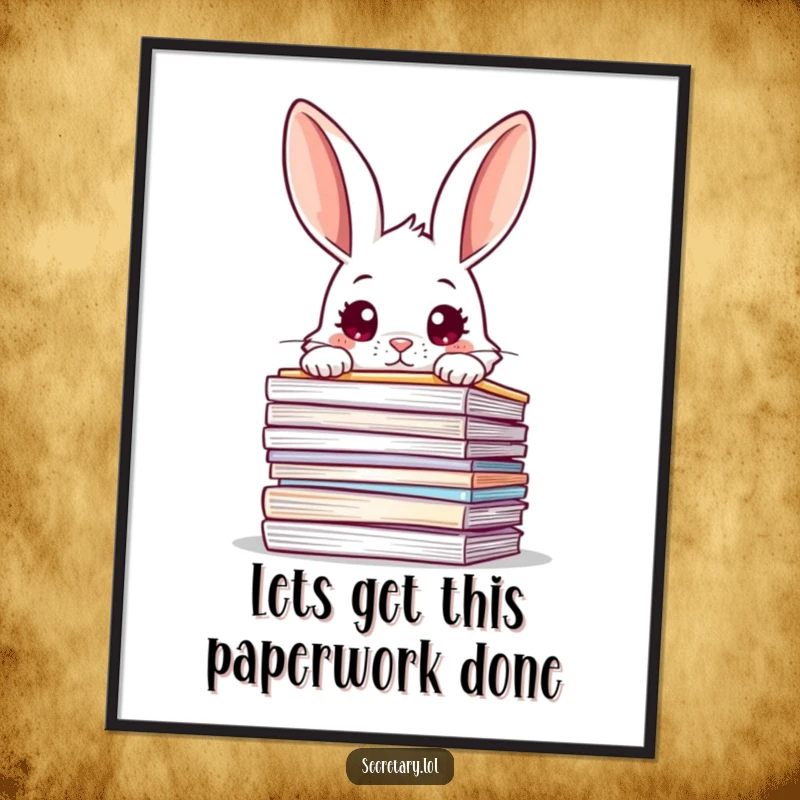 Funny Free Printable Wall Art: A curious rabbit peeks wide-eyed over a large stack of files, creating a humorous statement piece.