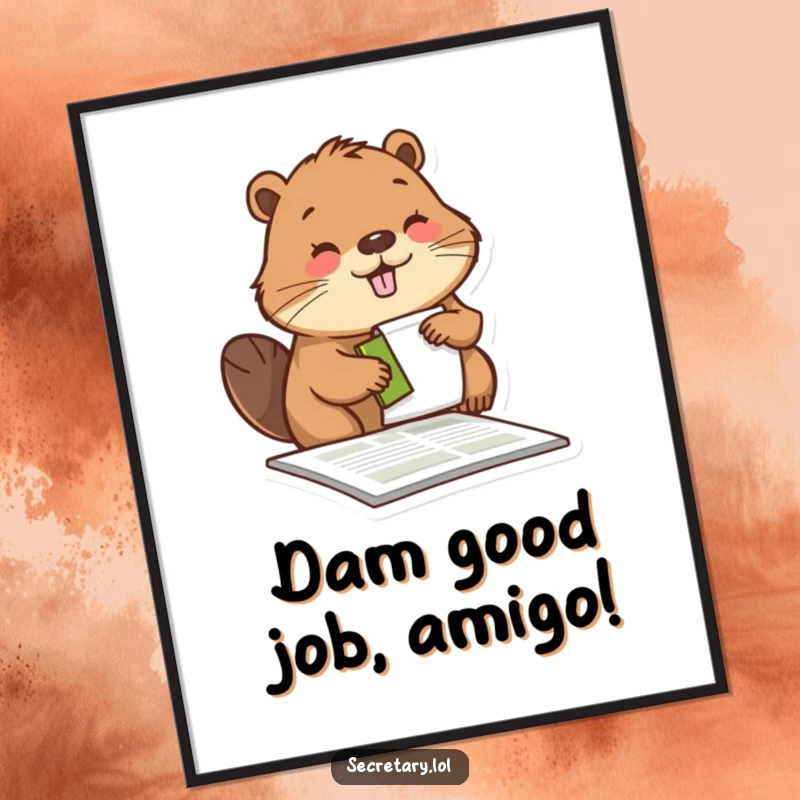 Funny Free Printable Wall Art: A busy beaver proudly stamps a form with a pleased expression, adding official fun.