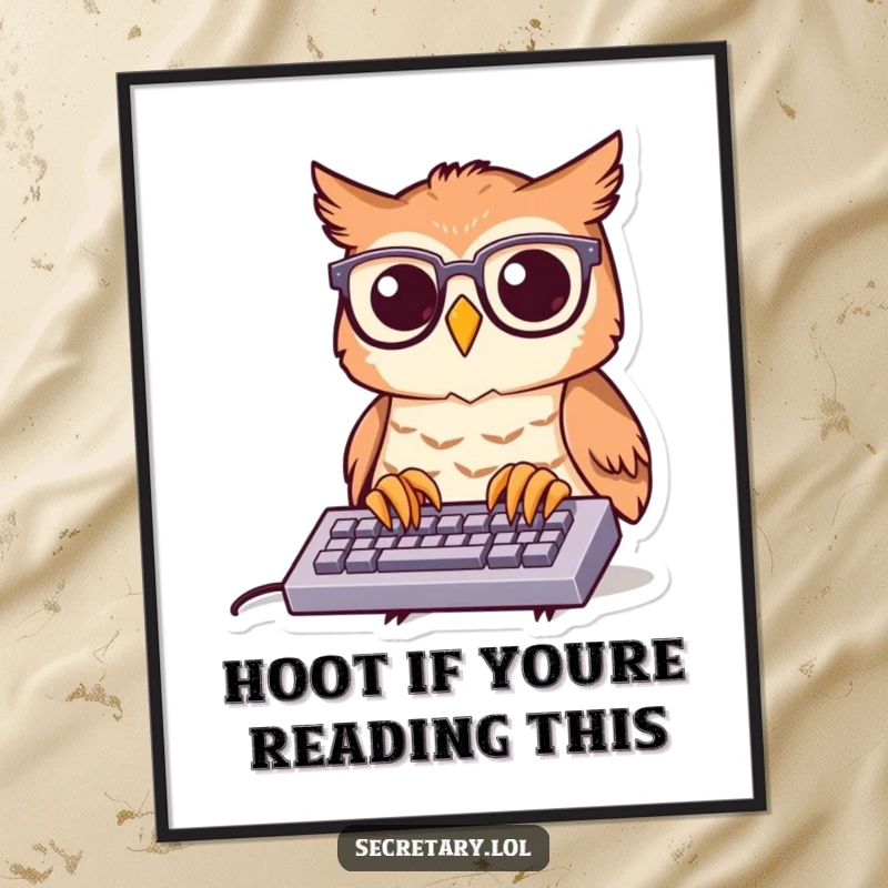 Funny Free Printable Wall Art: A cheerful owl wearing spectacles types furiously on a miniature keyboard, ideal for a witty home office.