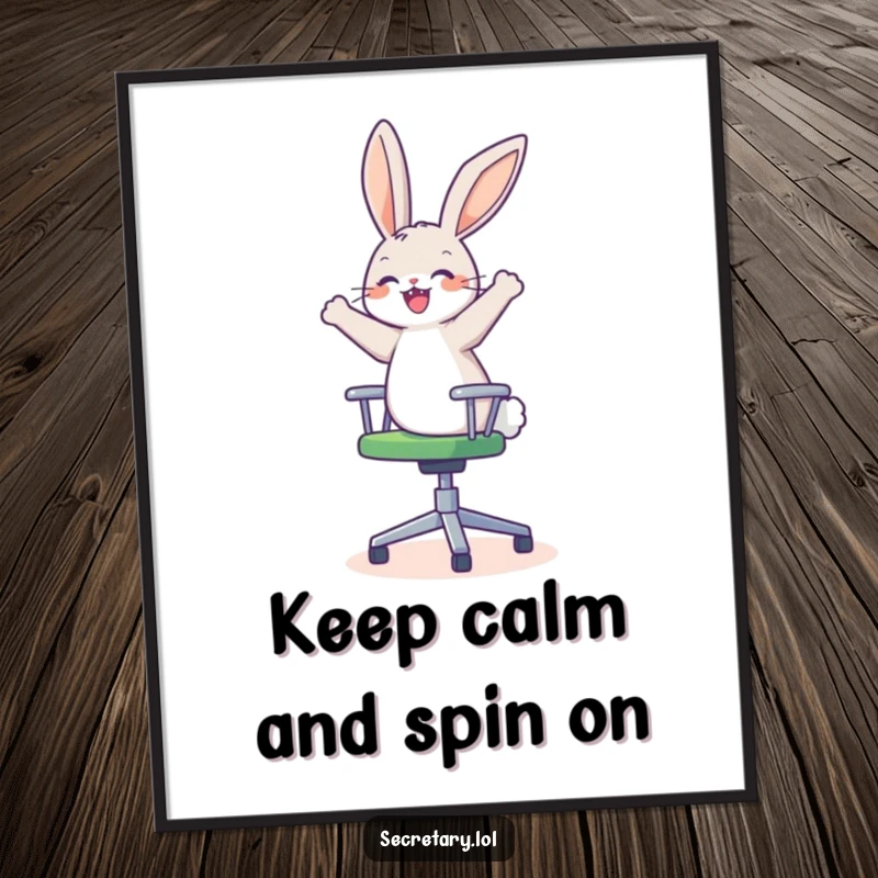 Funny Free Printable Wall Art of a happy, dizzy bunny on a spinning office chair, bringing playful energy and cheerful chaos.