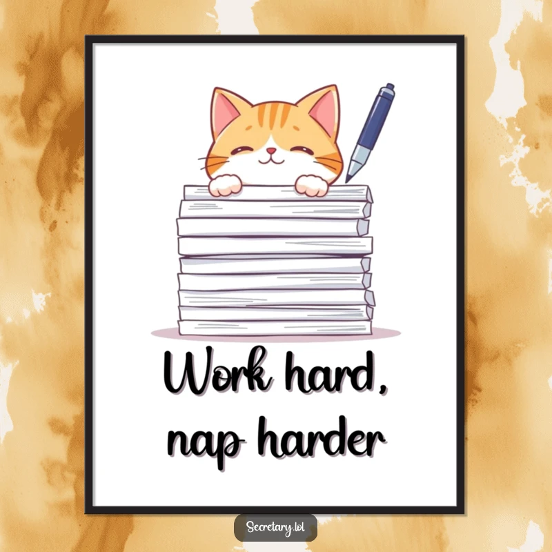 Funny Free Printable Wall Art of a curious cat peeking from papers, batting a pen, adding playful charm to any room.