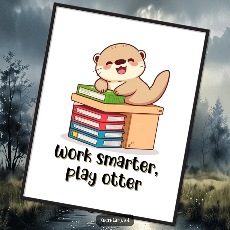 Funny Free Printable Wall Art of a giggling otter sliding down a desk on files, bringing playful energy and cheer.
