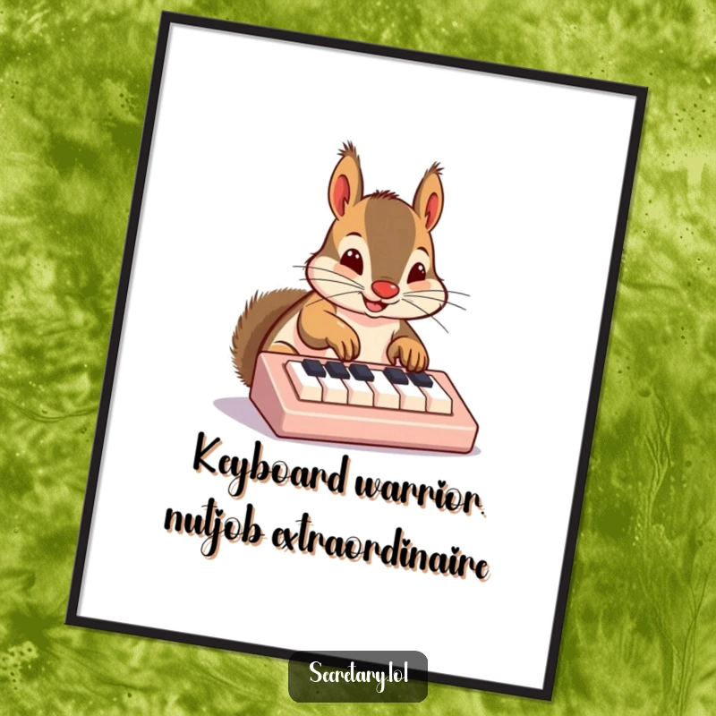 Funny Free Printable Wall Art, a cheerful squirrel with intense focus, tapping excitedly on a very small keyboard with its nose.