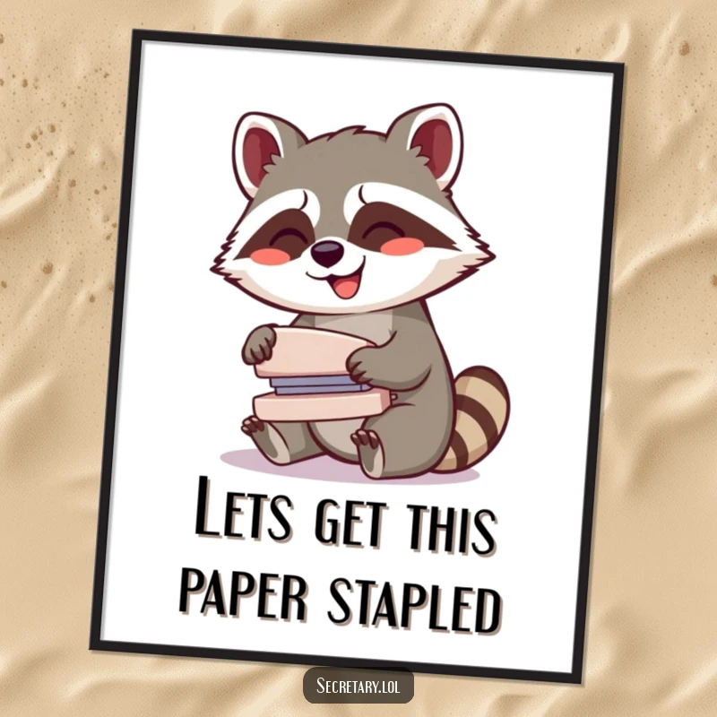 Funny Free Printable Wall Art: A giggling raccoon gleefully operates a small, whirring stapler, perfect for a playful office.