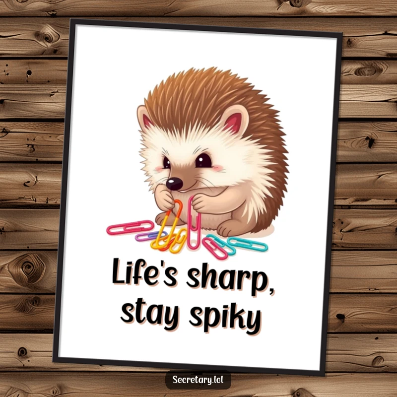 Funny Free Printable Wall Art of a determined hedgehog carefully sorting colorful paper clips, adding meticulous charm and playful organization.